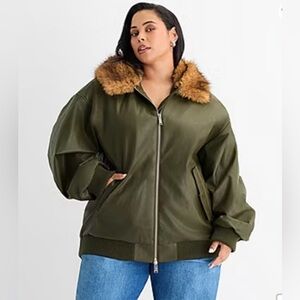 Ashley Graham Olive Green Faux Leather Bomber Jacket with Brown Faux-Fur Hood